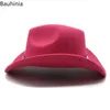 Bauhinia Vintage Western Cowboy Hat for Men Autumn Winter Brim Wide Felt Fedoras Hats Cowgirl Igreja Chapéu de Mulheres 240428