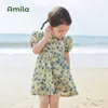 Девушка платья Amila Baby Girl Платье 2023 Лето Новое 100% хлопковое дышащее короткие рукава милая полная печатная детская одежда 0-6 лет