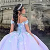 Glitter lilac Sky Blue Off the ombro Quinceanera vestido de baile Applique Lace Bow Beading Corset Sweet 16 Vestidos de XV 15 Anos