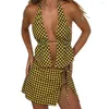 Robes de travail Puloru Sexy Sexe Women's 2 Piece Jirts Cost Couleur / Plaid Plaid Backless Halter Neck Tarsts avec une mini-clubs de club