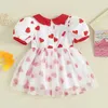 Flickans klänningar Baby Girl Valentines Day Short Sleeve Dress Doll Collar Heart Print Tulle klänning Söt flickor Casual A-Line Dress H240508