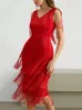 Casual Dresses Red Tassel Party V Neck Sleeveless High Waist Women Fringe Dance Evening Birthday Gowns Sexy Club Loose Robe