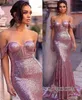 Pink Sequins Memaid Prom Robe de soirée 2019 Sexy Shinny Formal Patry Robe Off Épaule Pageant Robe Custom Made9277389