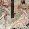 Champagne Mermaid V Gorgeous Julie Vino Dresses Neck Cap Sleeves Beach Bridal Gown Lace Applique Illuison Wedding Dress