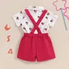 Kläduppsättningar Småbarn Boy Gentleman Outfit Patriotic Heart Print Button Romper med Bow Tie och Suspender Shorts Set for Formal Wear