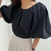 Blouses feminina Superaen 2024 Verão Coréia Vintage Round Neck Pleated Design plissado