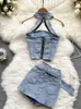 Abito da due pezzi Skeniny Strtwear Suit sexy in denim 2023 Zipper Halter Mini Top+cintura Slim Shor Shor Short Fashion Women Vintage Due pezzi Suit Y240508