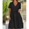 Sukienki imprezowe Wygodne i swobodne bawełniane lniane 2024 Summer Women's Fresh Sweet Sweet Coll Solid Kolor Duże sukienki huśtawkowe-5xl