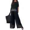 Women's Two Piece Pants 2Pcs Shiny Women Sequin Top Wide-leg Set Casual Dolman Sleeve Suit Bat Wide Leg Trousers For