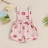 Rompers Little Girl Overalls Shorts Floral Print Pocket Front Sleeveless Suspender Jumpsuit med justerbar axelrem H240508