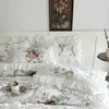 Ensemble de literie 3 pcs Floral 100% coton pur blanc couvercle de couette avec épissage plissé de bord + 2pillowcases US / UK Super King Size litière J240507