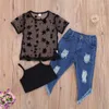 Vêtements ensembles Petites filles tenue vêtements d'été à manches courtes étoiles Sheer Tops Tops Sling Camisole Long Ripped Elastic Band Denim Pantalon