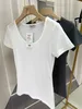 Qinou Summer Womens Pure Cotton T-shirt Short sleeved Solid Color Spicy Girl Big Round Neck Front Shoulder Small White T 15KLD002
