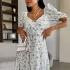 Casual Dresses Designer Dress Dopamine dressing 2024 new women's sexy V-neck bubble sleeves elegant floral dress for women Plus size Dresses