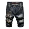 Modekläder 2024 high end tung industrin broderi fem poäng sanna religiösa jeans mäns sommar rippade shorts män smala fit elastiska shorts hästmens design