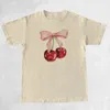Cherry Bow Printed Dames Vintage T-shirt Trendy Cute Coquette T-shirt Korte mouw Cottagecore Esthetische tops Vrouwelijke kleding 240506