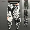 Herrbyxor 2023 Summer Fashion Personty Trendy Mens High midja snörning Tryckt Pocket Slim Fit Versatile Social Guy Trendy ft Pants T240507