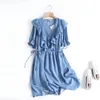 Party Dresses Ruffled Mini Light Jeans Dress Women Short Sleeve Slim Waist Summer Denim Vestidos Mujer Soft Cotton