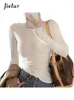Damen T-Shirts weiße Langarm Slim Basic T-Shirts Feste Farbe Mode hoher Kragen Einfache leichte Stretch-Chic-Frauenblusen