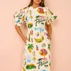 Women Hawaii Holiday Print Long Dress Short Sleeve Sashes Empire Waist Loose Vintage Retro Ladies Summer Beach Drsses 240423