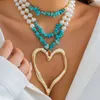 Anhänger Halskette Nische Design türkis nachahmt Perlen Halskette für Frauen vielseitig Retro Liebe Herz Mehrschichtiger Perlen Schmuck Schmuck