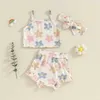 Kläderuppsättningar 0-24m Baby Girls 3st Shorts Set ärmlösa Cami Topps Floral Ruffle PP Shorts Pannband Set H240508