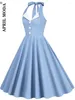 Casual jurken 2024 Blue Hepburn Style 50s 60s 60s Vintage Dress A-Line Backless Halter Pin Up Rockabilly Dames Summer Retro Party Vestidos