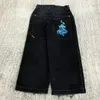 Jeans pour femmes y2k harajuku hip hop motif de chauve-souris brodé et pantalon baggy bleu rétro hommes femmes