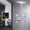 Juegos de ducha de baño Sistema de lluvia LED cepillado Juego de lluvia de cascada grande de 28x17 pulgadas y jets de cuerpo de pulsador de mes termostático Mti Functi