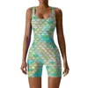 Frauen Badekleidung Badeanzug Digital 3D Fish Scale Print Bodysuit Square Neck Shorts Rippen Rompers Training Jumpsuit Badeanzug