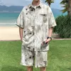 Summer Men Tenged Two-once Shirt and Shorts Printing Thin Fin Silky Leisure Time Clothes Beach Travel Oversize Sets Male 240425
