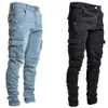 Hionable Streetwear Tear Tight Jeans Mens Side Pockets Denim Cargo Pants Ultra-Thin Fit Pantalones