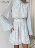 Abiti casual abito floreale stampato a collo alto per donne maniche di bagliore mini estate autunno 2024 Ufficio A-line del pizzo arricciato