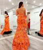 Vestido de fiesta formal de larga duración con cuello en v lentejuelas de lentejuelas floral de celebridades de celebridades de la noche de graduación ocasión especial de gala de la alfombra roja del vestido de la pista de la alfombra roja naranja