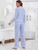 Women's Sleepwear Floral Print Blue Pajama Set For Women Cotton Long Sleeve Button Down Lounge Nightwear Full-Length Bottom Notched Collar