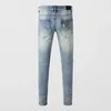 Sokak moda erkekler kot pantolon retro açık mavi streç sıska uyum yırtık kot erkek beyaz deri yamalı tasarımcı hip hop marka pantolon 240424