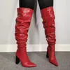 ブーツ2024手作りの女性膝の高い四角いかかとを尖らせるつま先のゴージャスな赤いドレスシューズと私たちのサイズ5-15