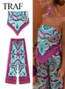 Traf Summer Women Fashion Print Bluse Hosen Sets kausal trägerlose Schleudertife Kordelstring gerade lange Hosen Anzug 240424