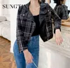 Sungtin Vintage Tweed Tweed Panneau Short Faux Veste en cuir femme Fashion Long Manches Vestes en cuir Elegant Pu Leather Jacket8151792