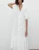 Blanc Openwork Broidered Eyelet Midi Robe Femme Goule Puff Ruffle Hemy Robes Femme Coton Vestidos d'été 2105187298329