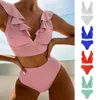 Swimwear féminin 2pcs / ensemble Femmes Summer Bikini Set V-Col à col Ruffle Tops High Taist Swimmink Trunks Color Solide Séchage à lacets