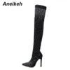 Sexy High Heels Sock Overknee-Stiefel speicherte Zehen Design Kristall Strass Stretch Stoff Stoffpol Danze Frauen Schuhe