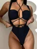 2024 vrouwen badkleding halter zwart één stuk monokini vrouwelijke badpakken diep v bodysuit dame gevatde bh badpakken strandkleding zxd