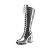 Laarzen phoentin knie hoog voor vrouwen 2024 Metallic patent lederen platform schoenen dikke hakken lange laars grote grootte 46 ft2994