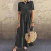 Lässige Kleider Wepbel Y2K Denim Style Maxi Kleid Frauen Kurzarm Langes Multi-Knopf-Hemd mit verzweifelten Taschen