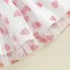 Flickans klänningar Baby Girl Valentines Day Short Sleeve Dress Doll Collar Heart Print Tulle klänning Söt flickor Casual A-Line Dress H240508