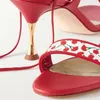Dress Shoes Red Floral Print Pointed Toe Elegant Strappy Heeled Sandals