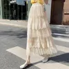 Skirts Elegant Lace Patchwork Tulle Long Skirt For Women 2024 Romantic Polka Dot A Line High Waist Tiered Mesh Midi Female Z553