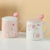 Tassen Keramik süße rosa weiße Farbe Kirschblüte Blumenmuster Kaffee Becher Frühstück Milk Office Wasser Tasse mit Löffel und Deckel