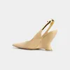 2024 Lady Sheepeskin Leather Heel Heel Pumps Alien Heel Dress Shoes Women Weddal Wedding Summer Typle Bemted Toe Party v Sandals Open On Metal Wedge Size 35-43